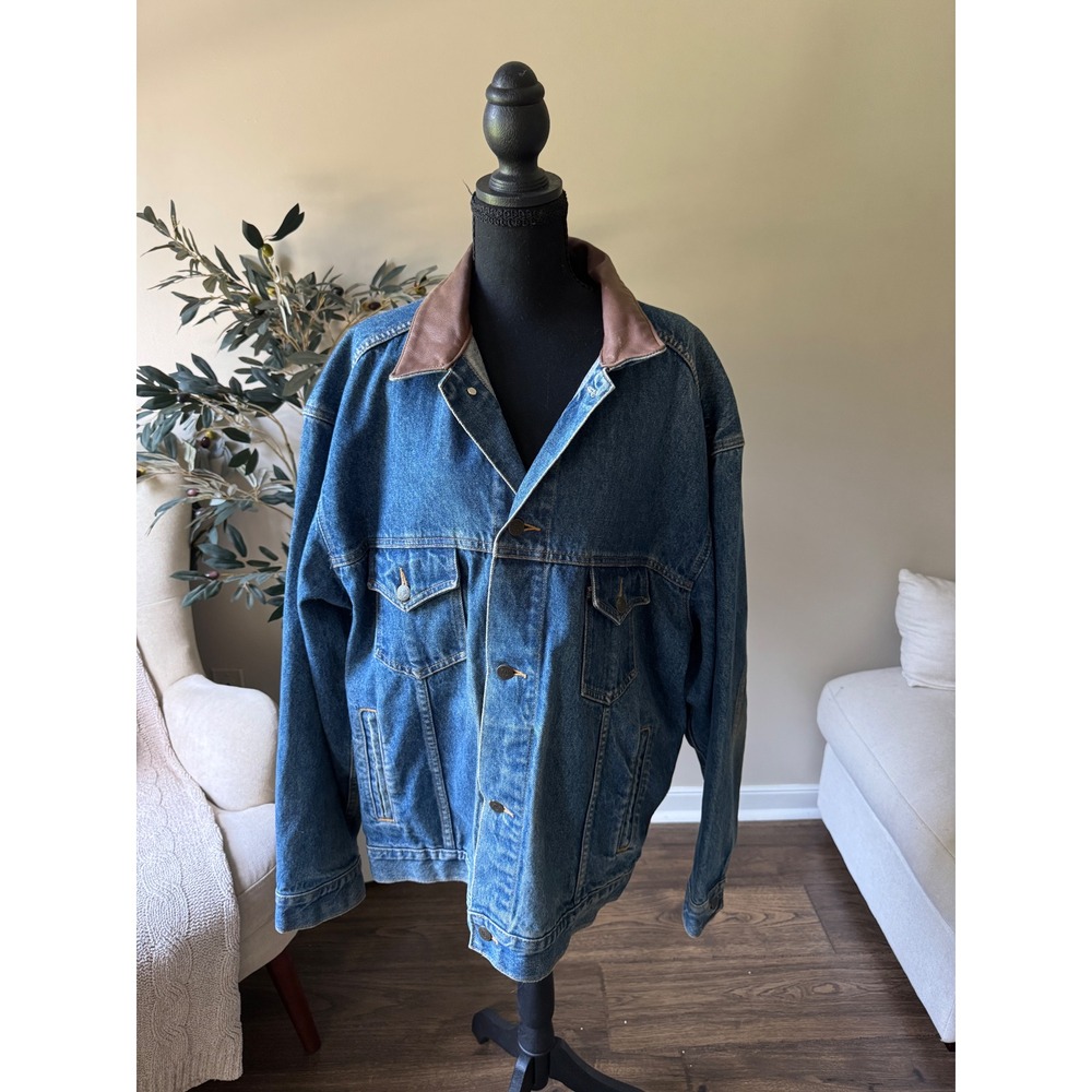 Vintage Marlboro Country Store Denim Jacket Leather Collar Flannel Lined XL